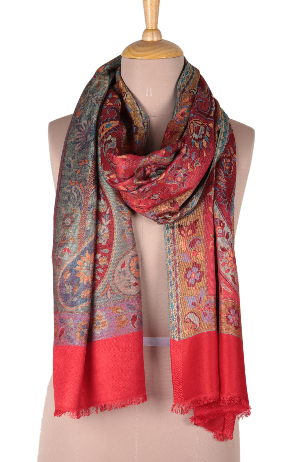 Red Jamawar Style Paisley and Floral Shawl - Paisley Extravagance