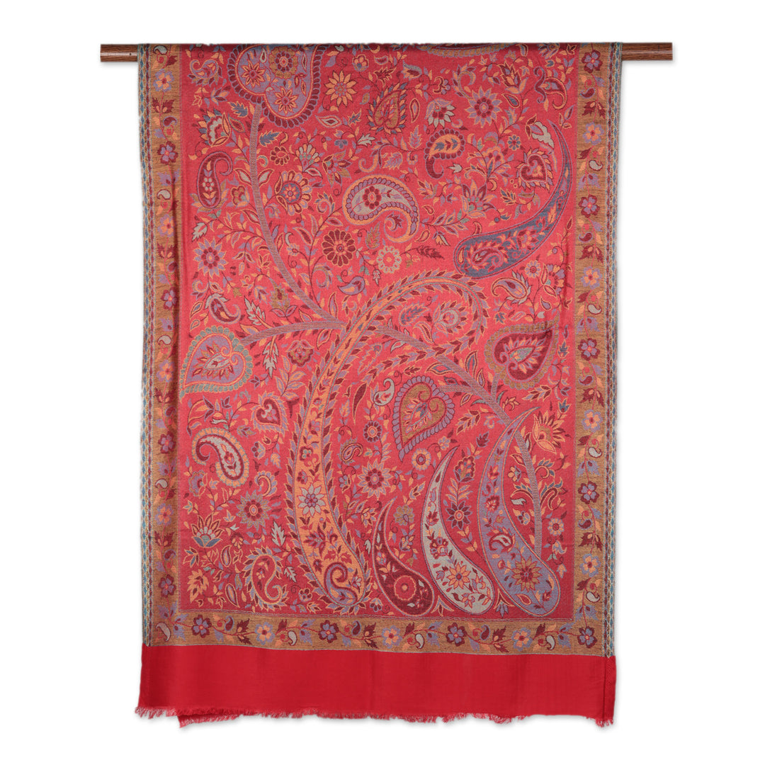 Red Jamawar Style Paisley and Floral Shawl - Paisley Extravagance
