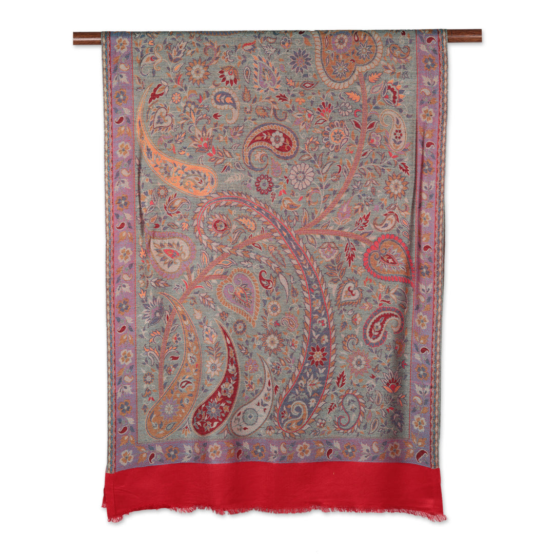 Red Jamawar Style Paisley and Floral Shawl - Paisley Extravagance
