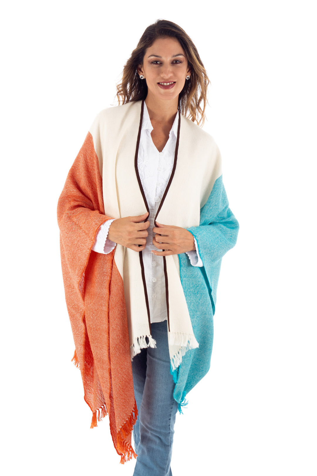 Tri-Color Suede Trimmed 100% Baby Alpaca Ruana from Peru - Majestic Combination