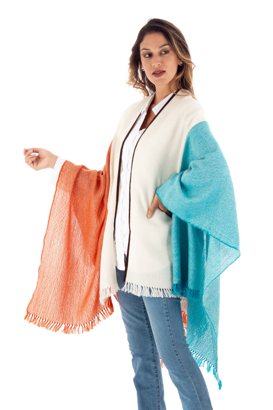 Tri-Color Suede Trimmed 100% Baby Alpaca Ruana from Peru - Majestic Combination