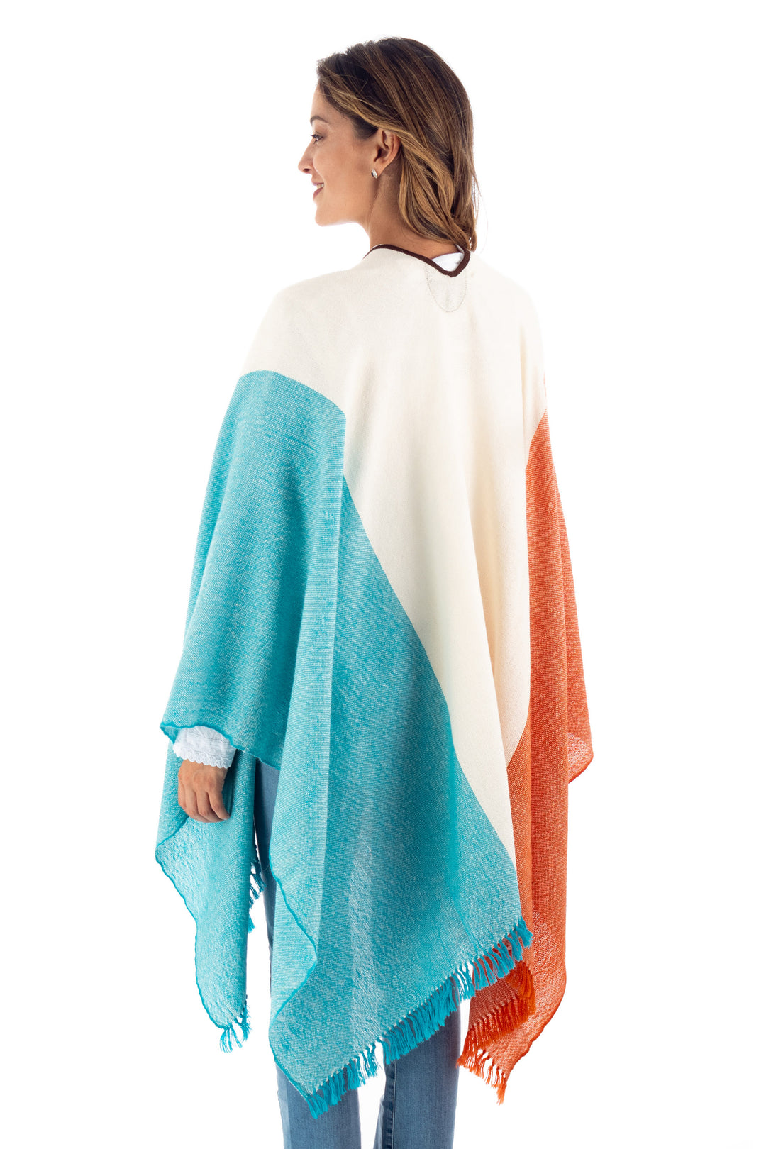Tri-Color Suede Trimmed 100% Baby Alpaca Ruana from Peru - Majestic Combination