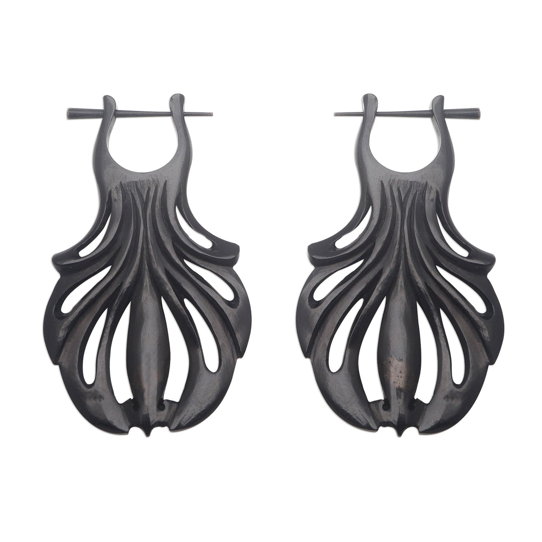Hand Carved Water Buffalo Horn Shell Motif Hoop Earrings - Graceful Fanfare
