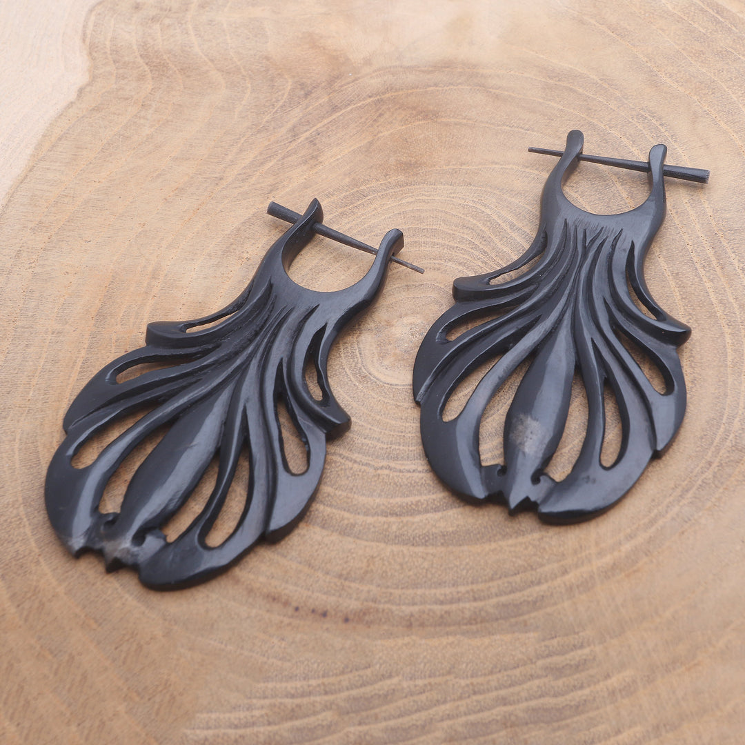 Hand Carved Water Buffalo Horn Shell Motif Hoop Earrings - Graceful Fanfare
