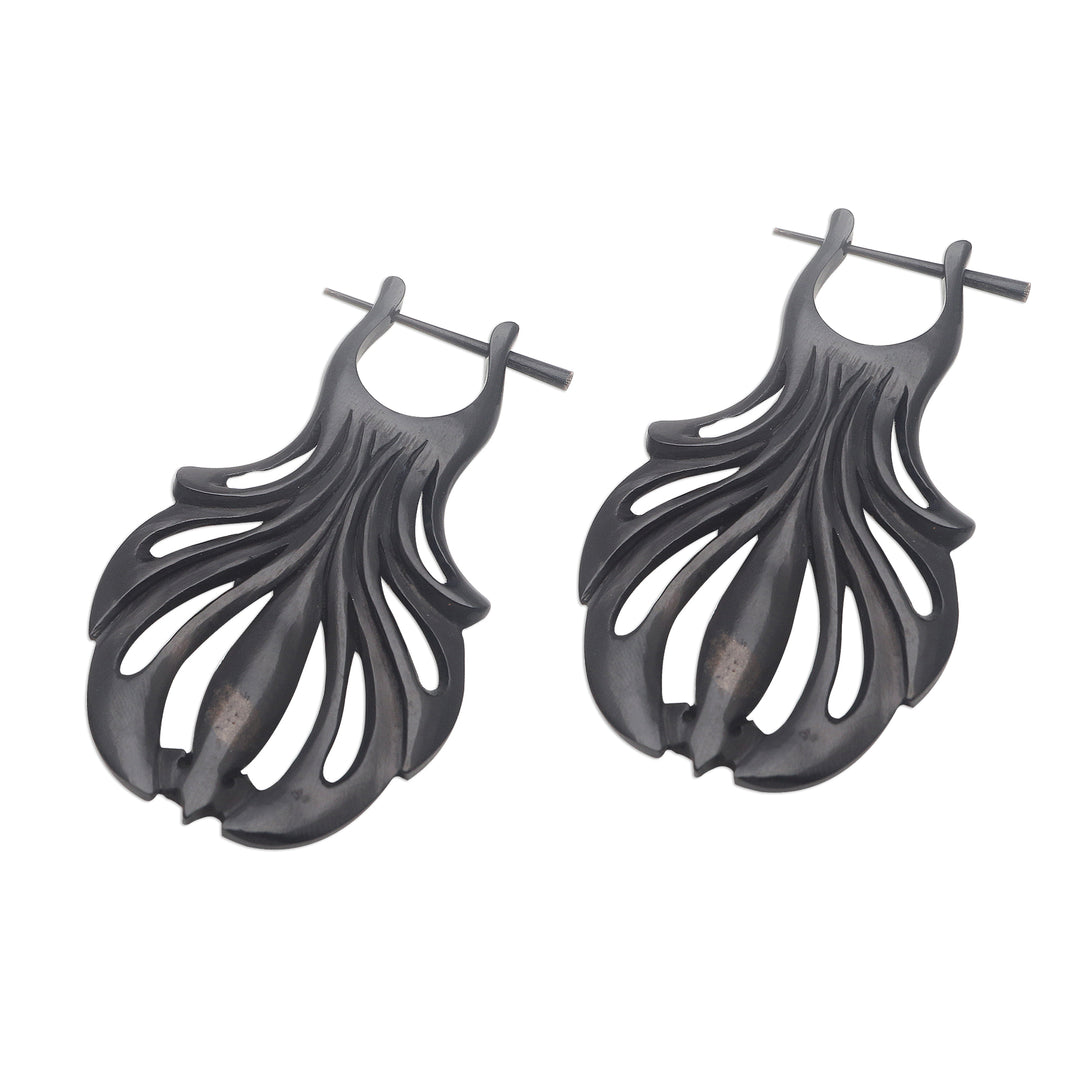 Hand Carved Water Buffalo Horn Shell Motif Hoop Earrings - Graceful Fanfare