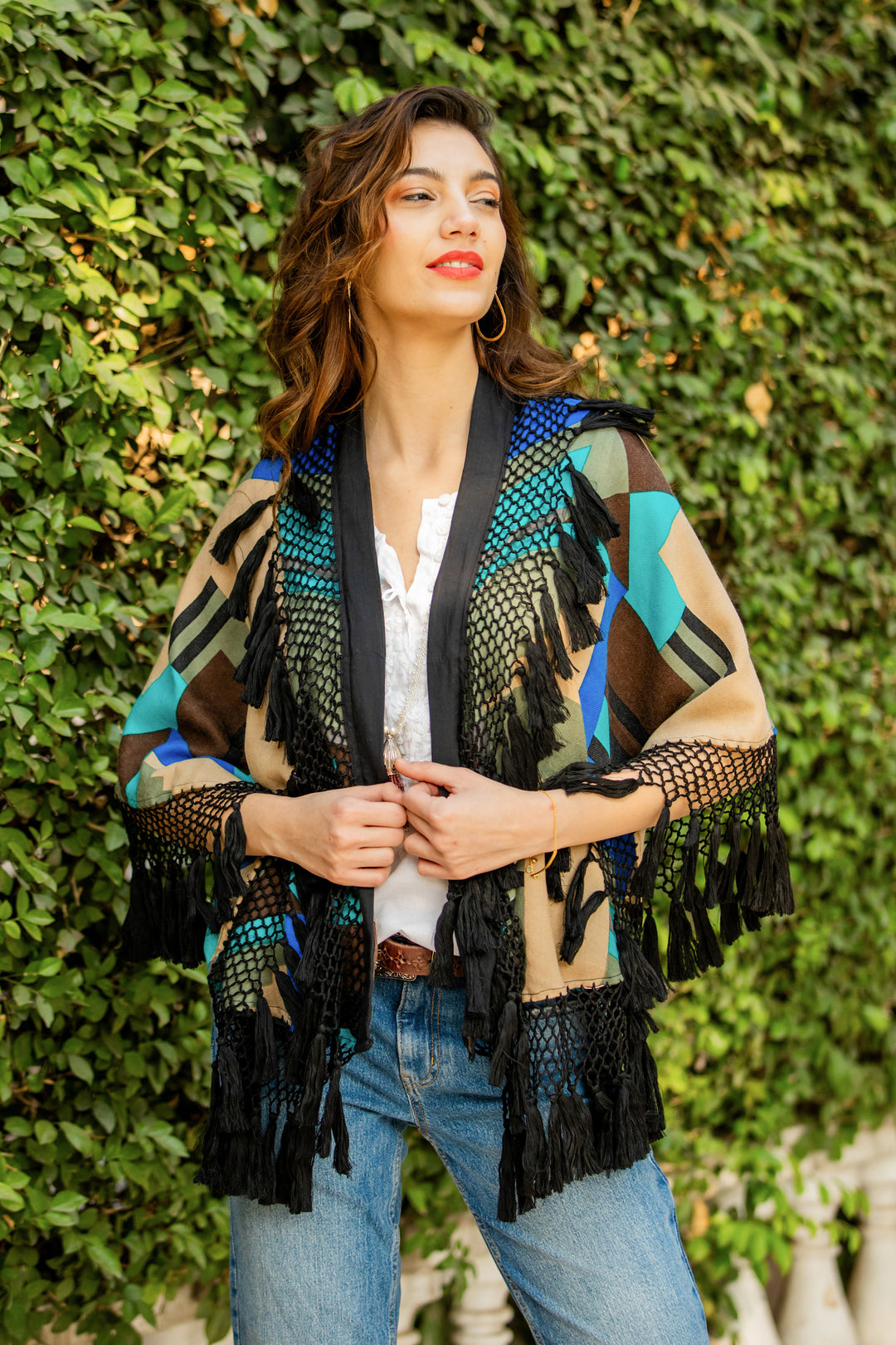 Wool Wrap With Black Fringe from India - Geometric Flair