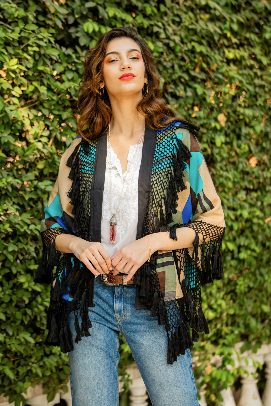 Wool Wrap With Black Fringe from India - Geometric Flair