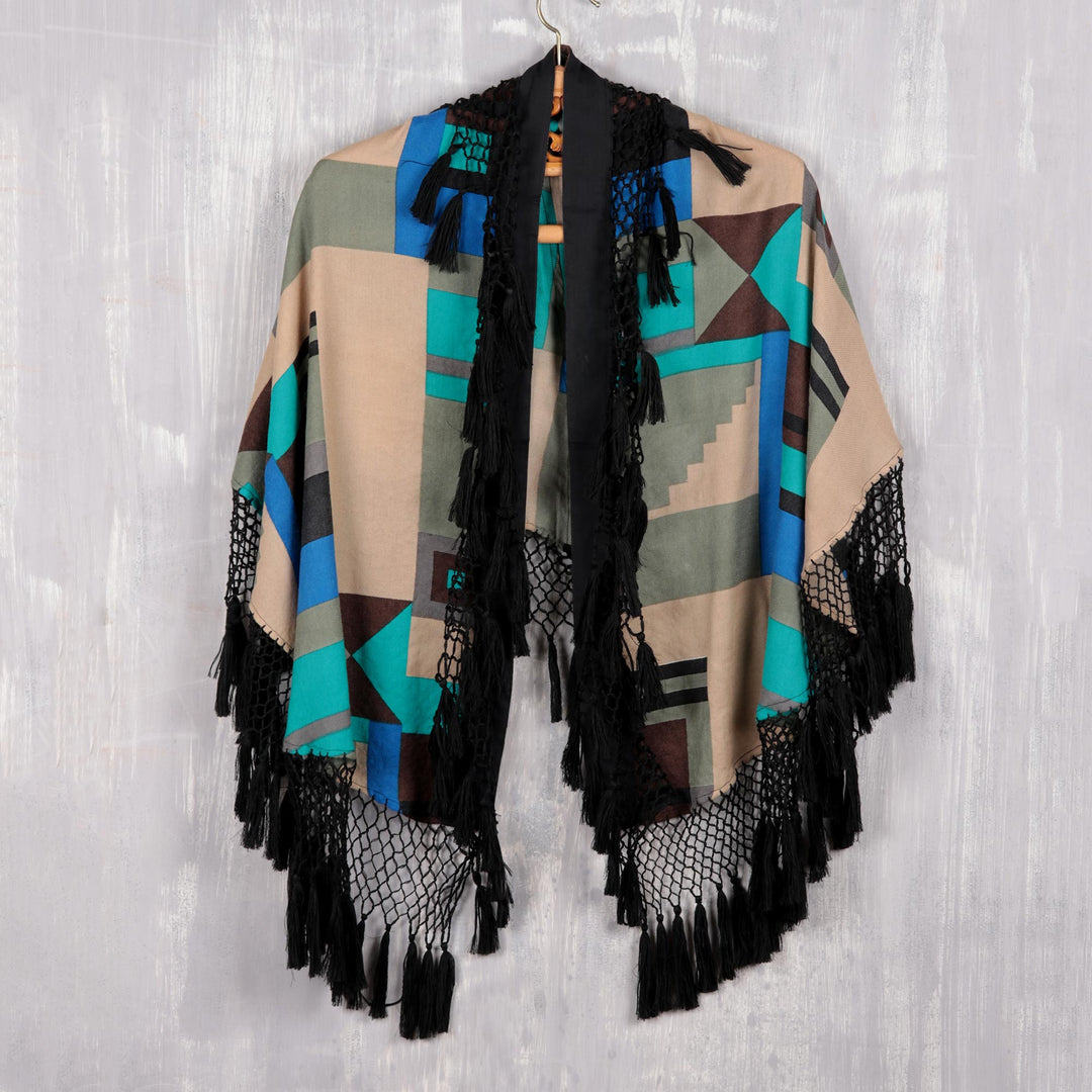 Wool Wrap With Black Fringe from India - Geometric Flair