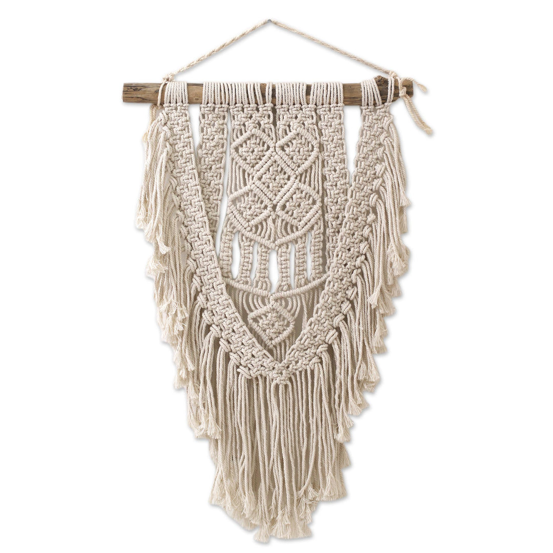 Macrame Cotton Wall Hanging in Ivory from Bali - Dawn in Tegalalang