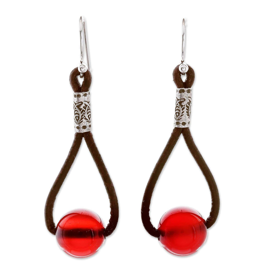 Carnelian and Karen Silver Dangle Earrings with Leather - Spring Passion