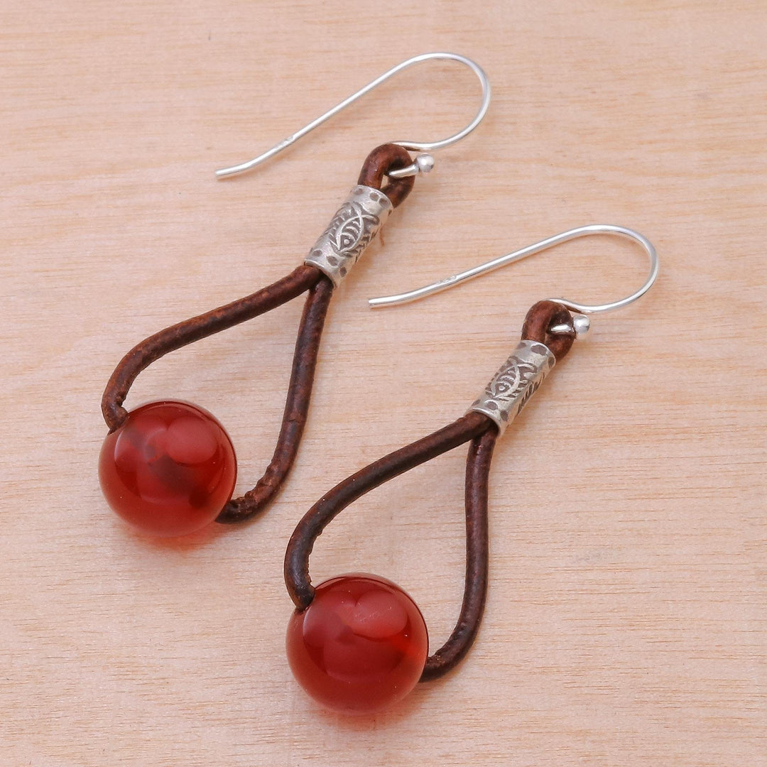 Carnelian and Karen Silver Dangle Earrings with Leather - Spring Passion