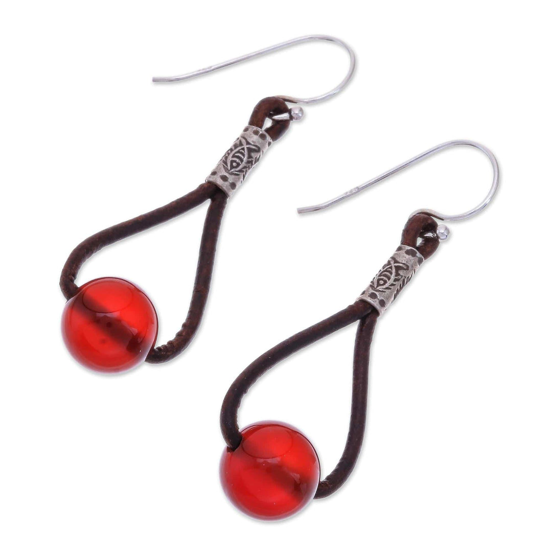 Carnelian and Karen Silver Dangle Earrings with Leather - Spring Passion