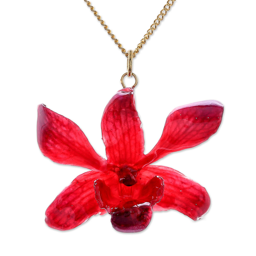 Gold Accented Red-Purple Natural Orchid Pendant Necklace - Starry Flower