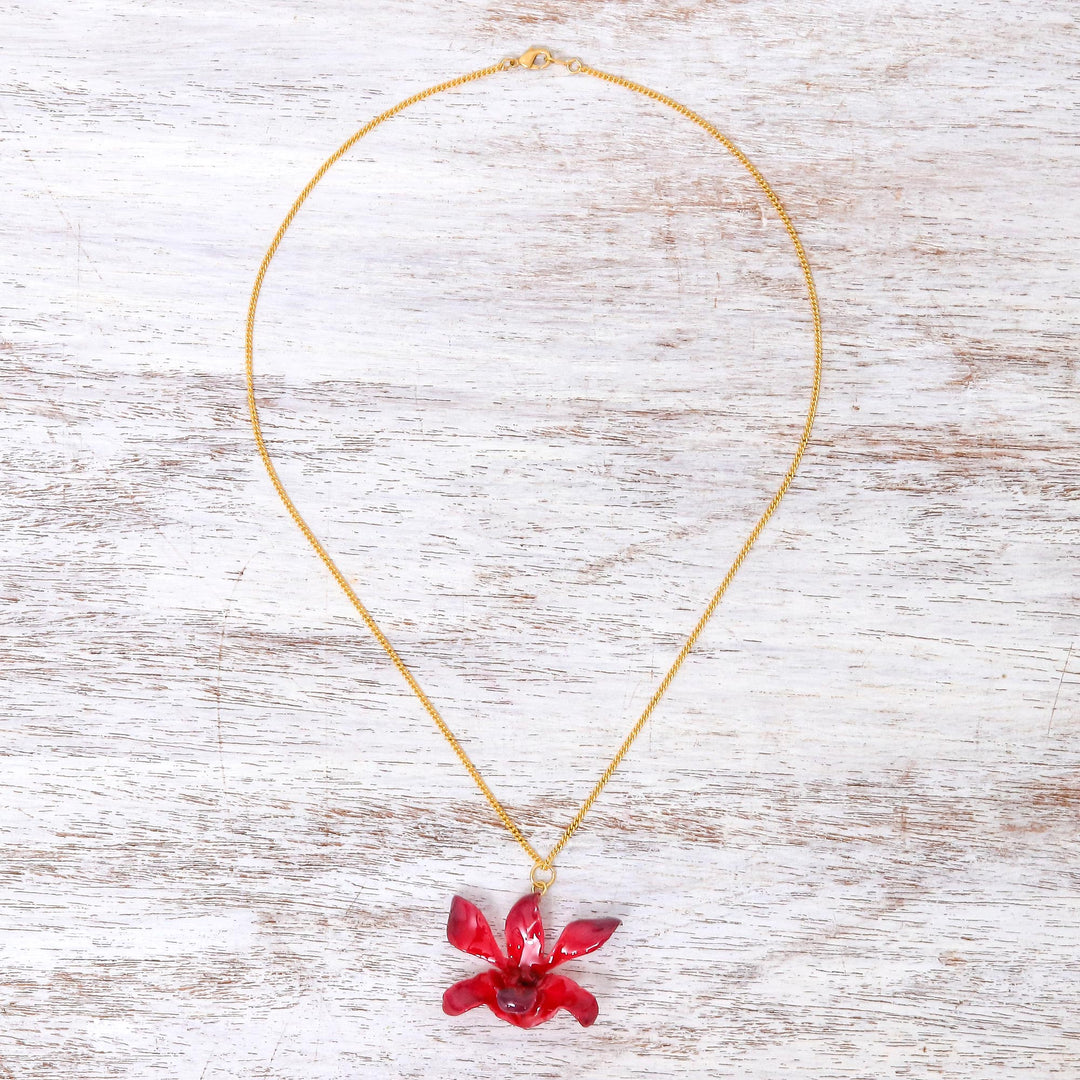 Gold Accented Red-Purple Natural Orchid Pendant Necklace - Starry Flower