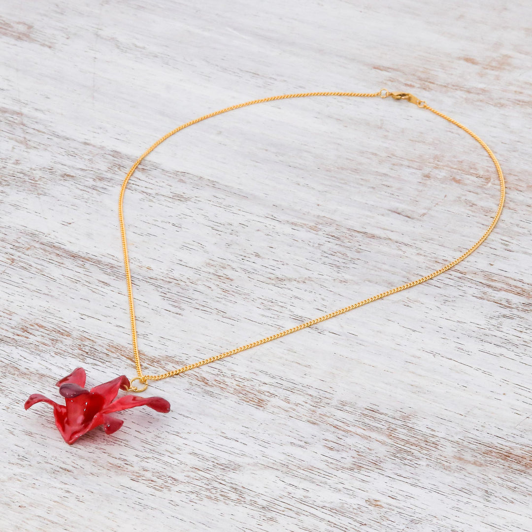 Gold Accented Red-Purple Natural Orchid Pendant Necklace - Starry Flower
