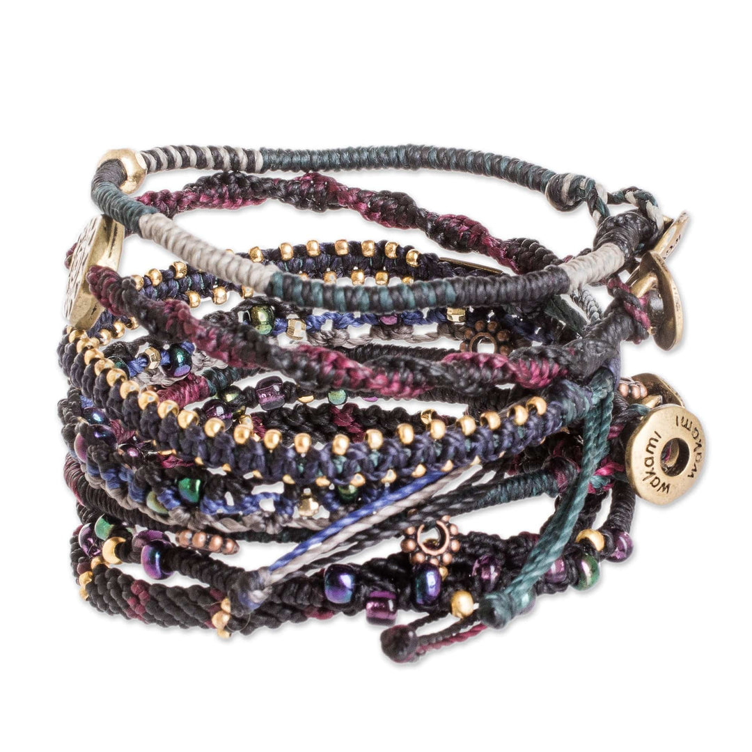 Glass Beaded Macrame Bracelets in Black (Set of 7) - Boho Histories in Black