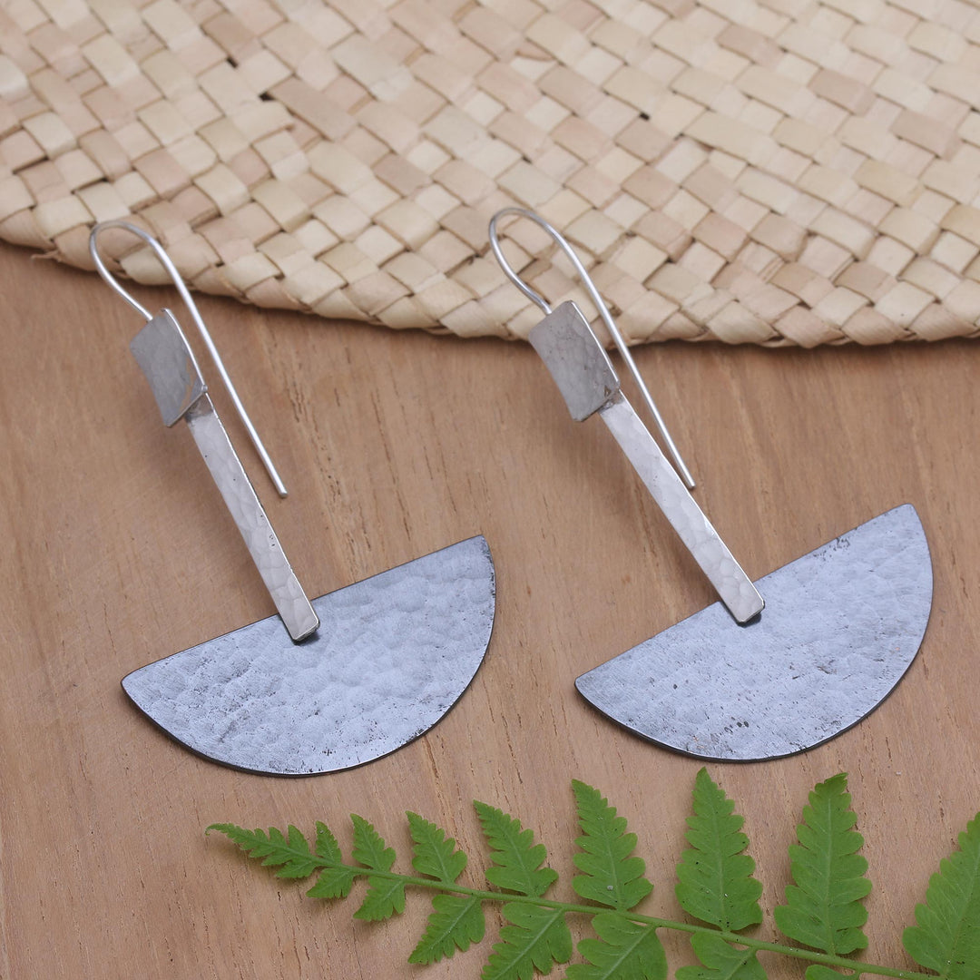 Modern Dark Sterling Silver and Copper Dangle Earrings - Dark Half-Circle Modernity