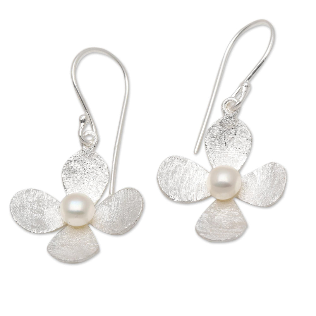Floral Earrings of Brushed Silver and White Cultured Pearl - Mother's Day Blossom