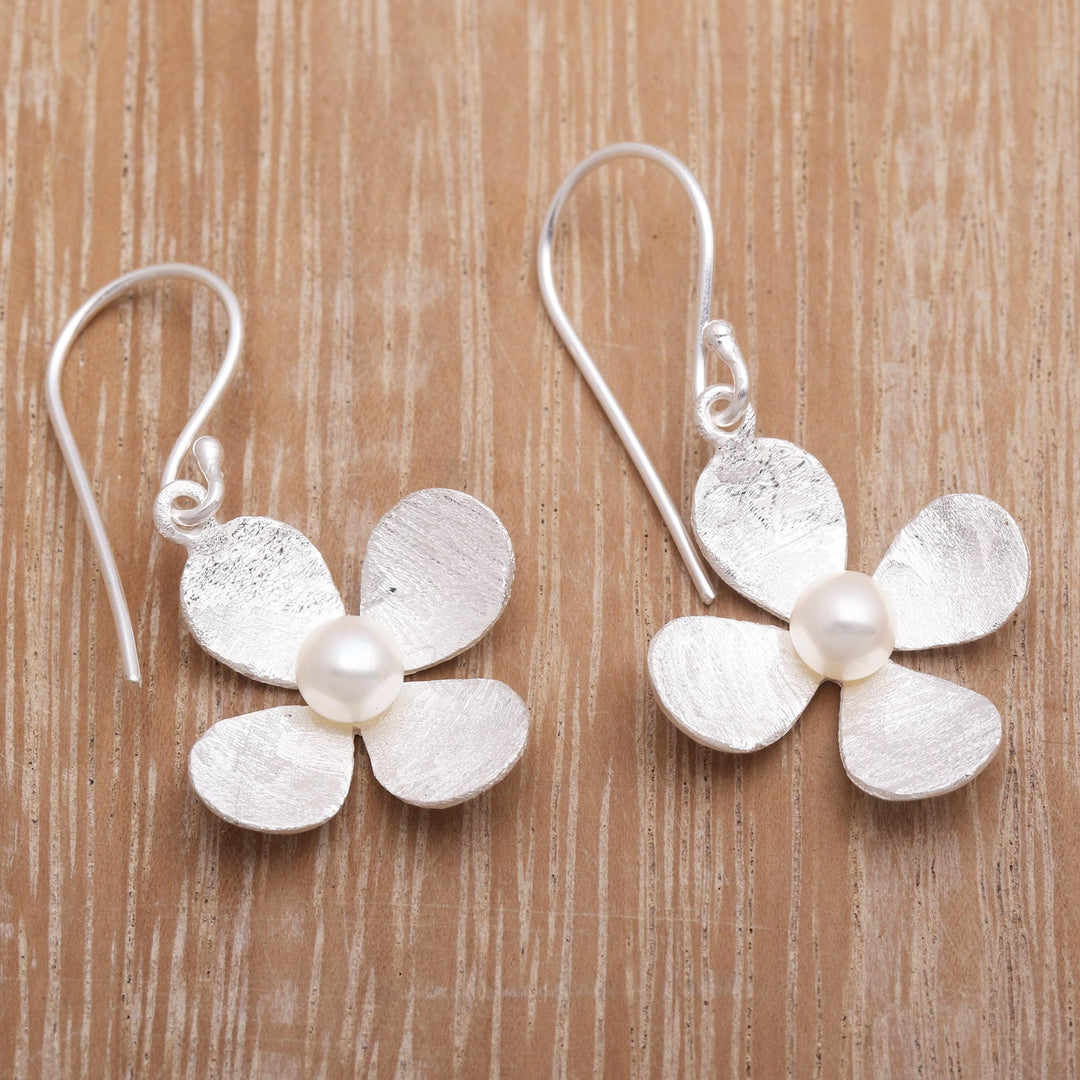 Floral Earrings of Brushed Silver and White Cultured Pearl - Mother's Day Blossom