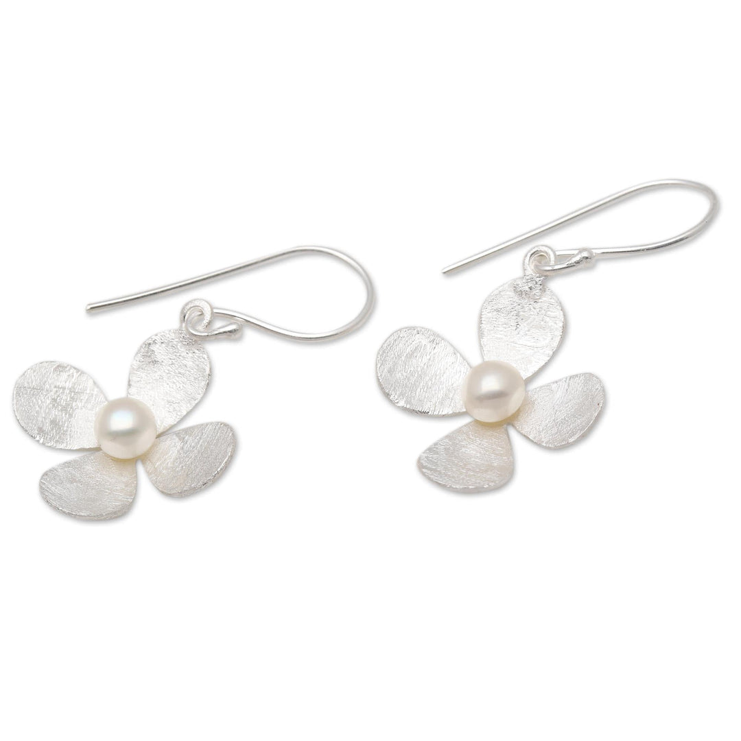 Floral Earrings of Brushed Silver and White Cultured Pearl - Mother's Day Blossom