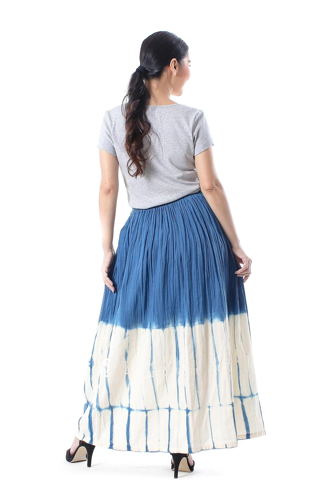 Azure and Ivory Shibori Tie-Dyed Cotton Skirt from Thailand - Striking Shibori