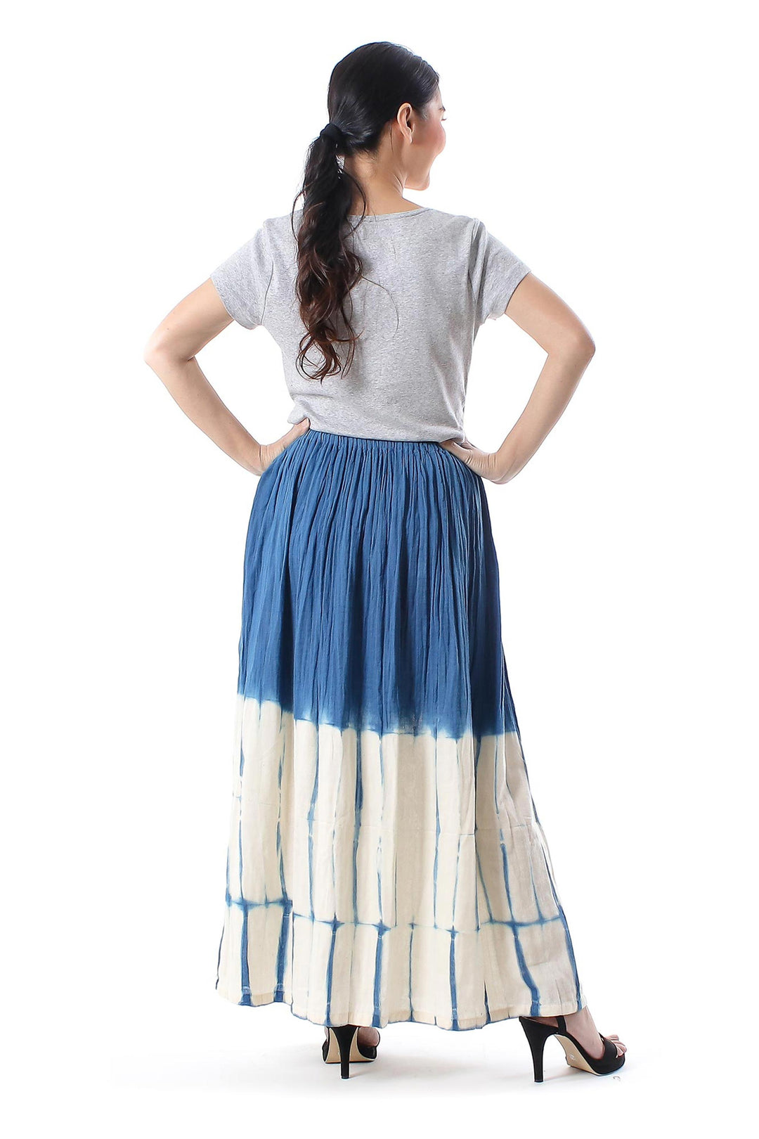 Azure and Ivory Shibori Tie-Dyed Cotton Skirt from Thailand - Striking Shibori