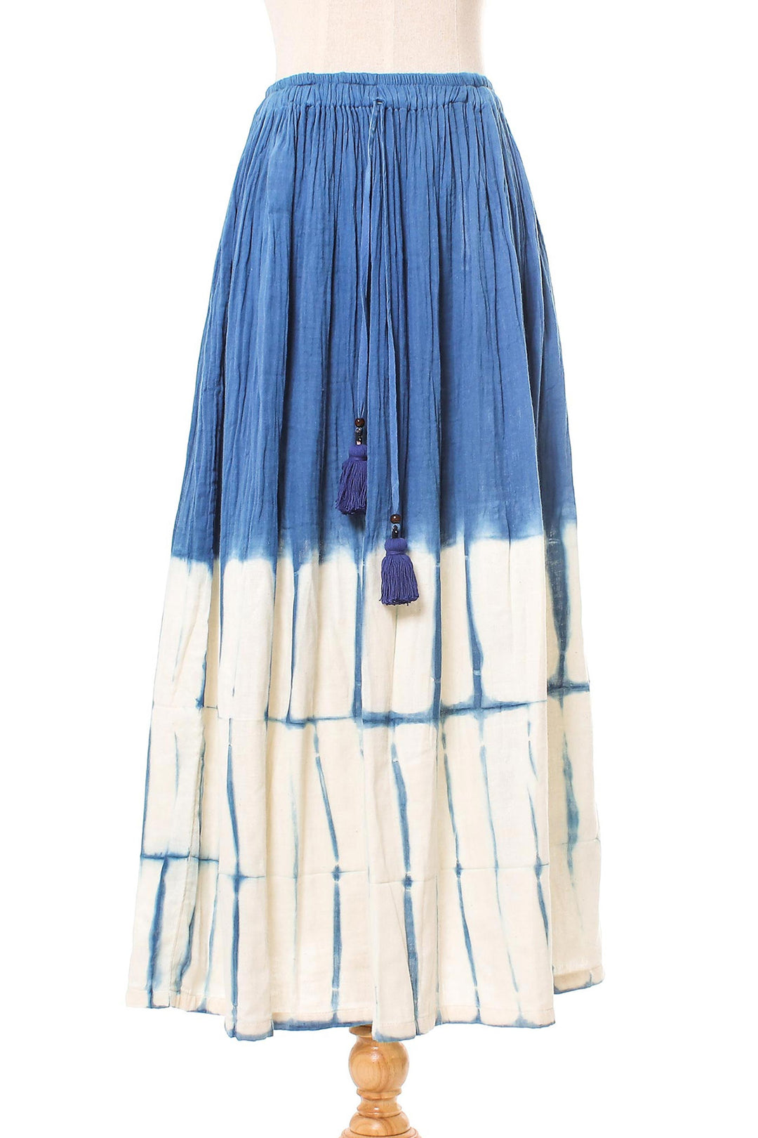 Azure and Ivory Shibori Tie-Dyed Cotton Skirt from Thailand - Striking Shibori