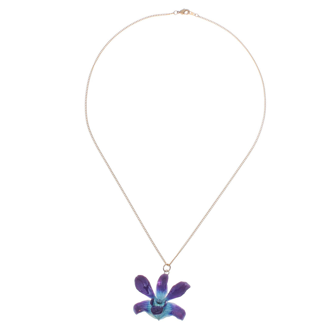 Gold Accented Blue-Purple Natural Orchid Pendant Necklace - Starry Flower in Blue-Purple