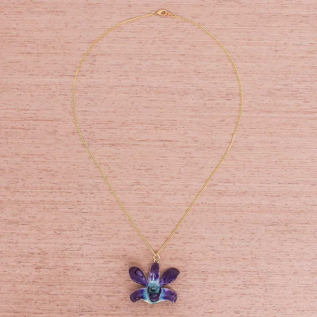 Gold Accented Blue-Purple Natural Orchid Pendant Necklace - Starry Flower in Blue-Purple