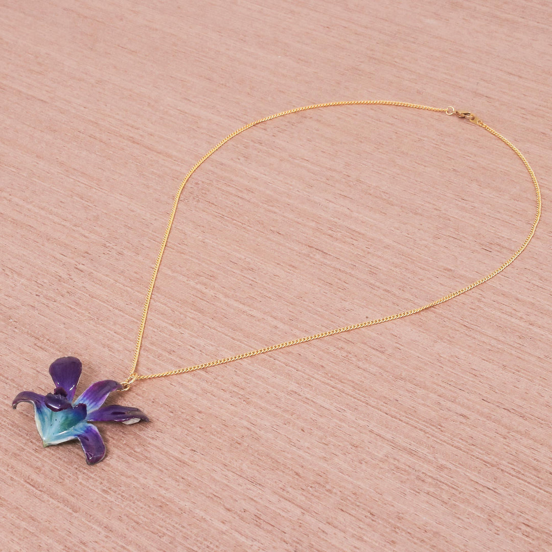 Gold Accented Blue-Purple Natural Orchid Pendant Necklace - Starry Flower in Blue-Purple