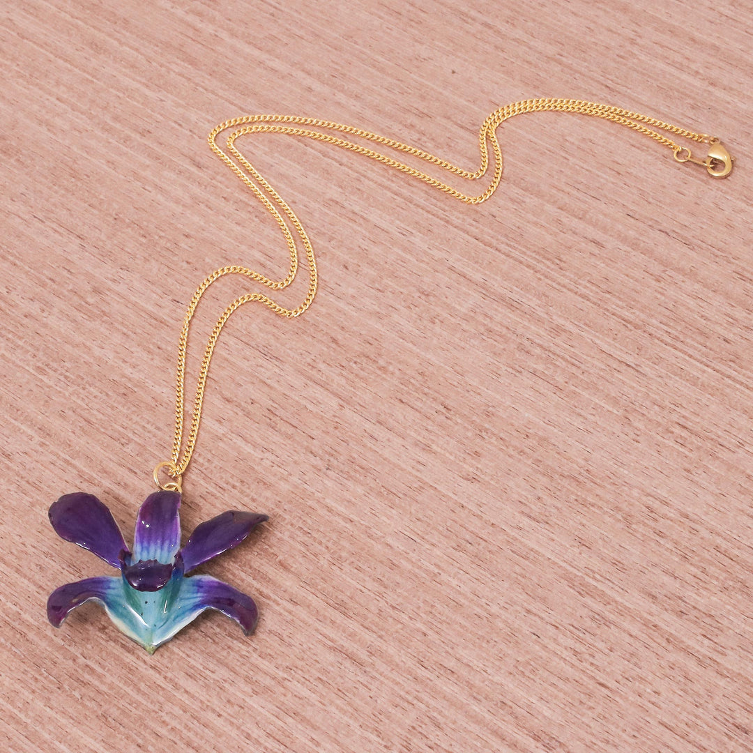 Gold Accented Blue-Purple Natural Orchid Pendant Necklace - Starry Flower in Blue-Purple