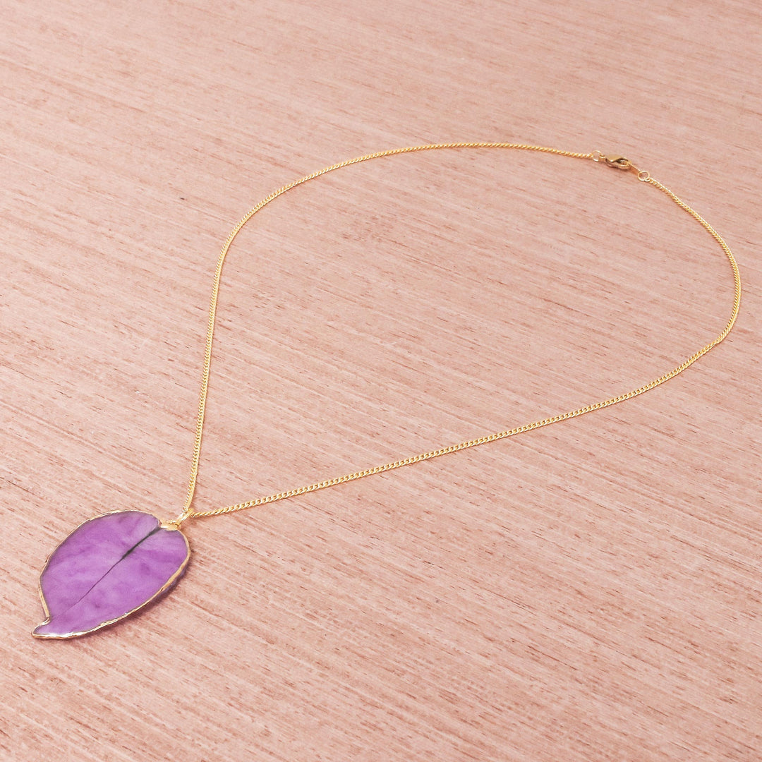 Gold Accented Natural Flower Pendant Necklace in Purple - Bougainvillea Love in Purple