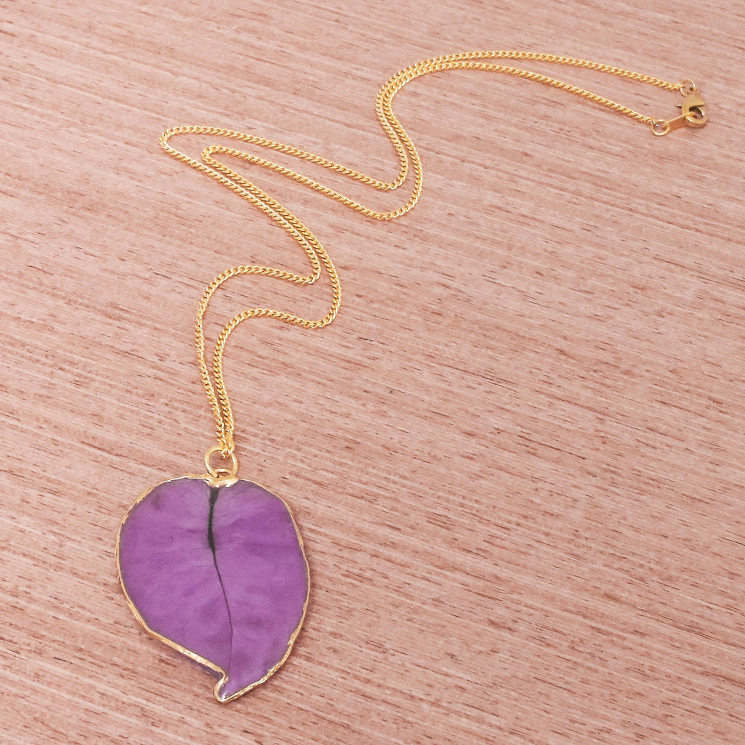 Gold Accented Natural Flower Pendant Necklace in Purple - Bougainvillea Love in Purple