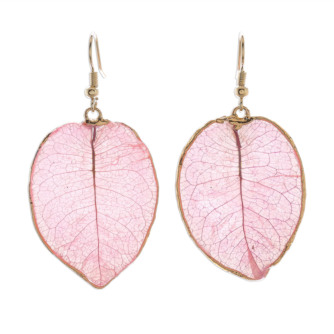 Gold Accented Natural Flower Dangle Earrings in Pink - Bougainvillea Love in Pink