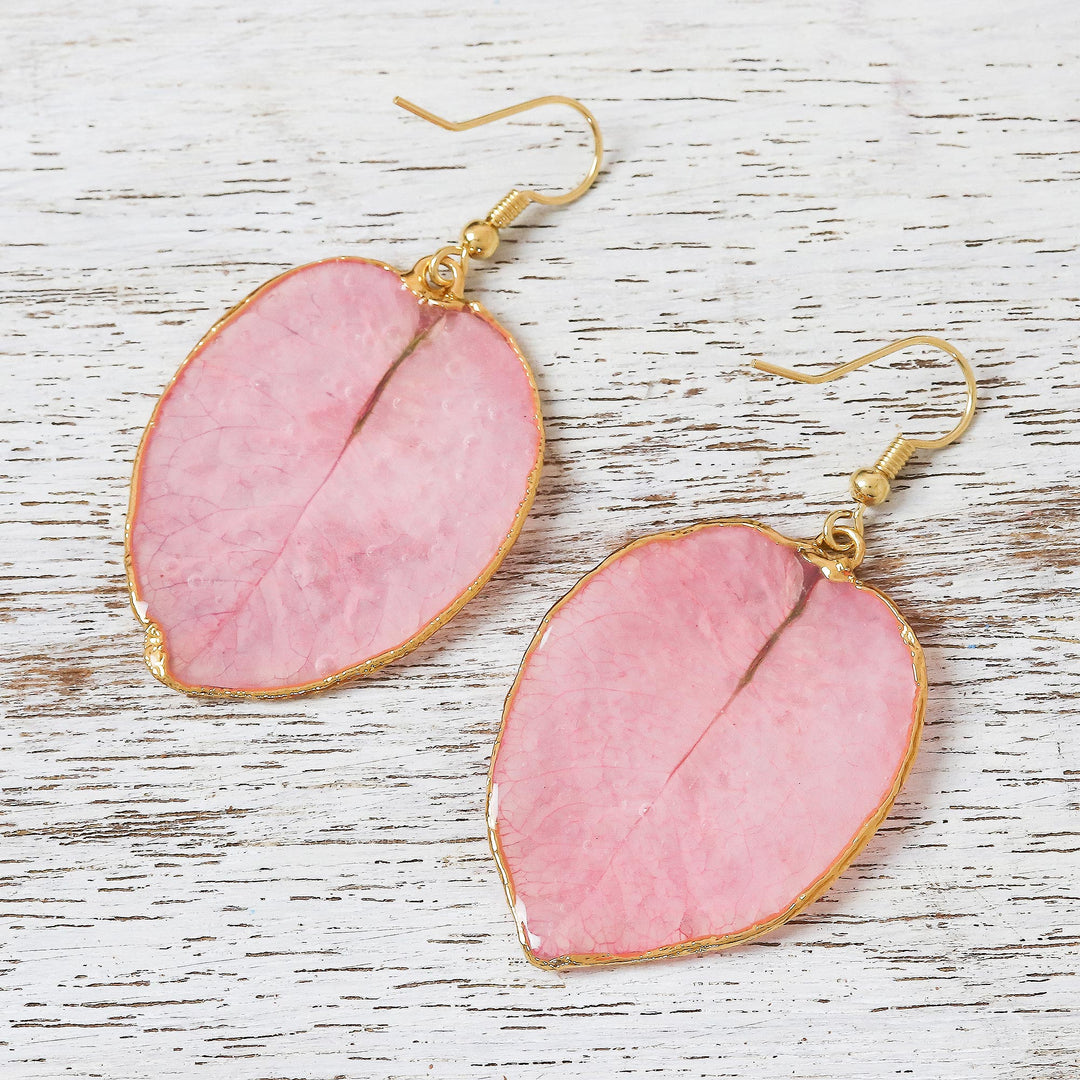 Gold Accented Natural Flower Dangle Earrings in Pink - Bougainvillea Love in Pink