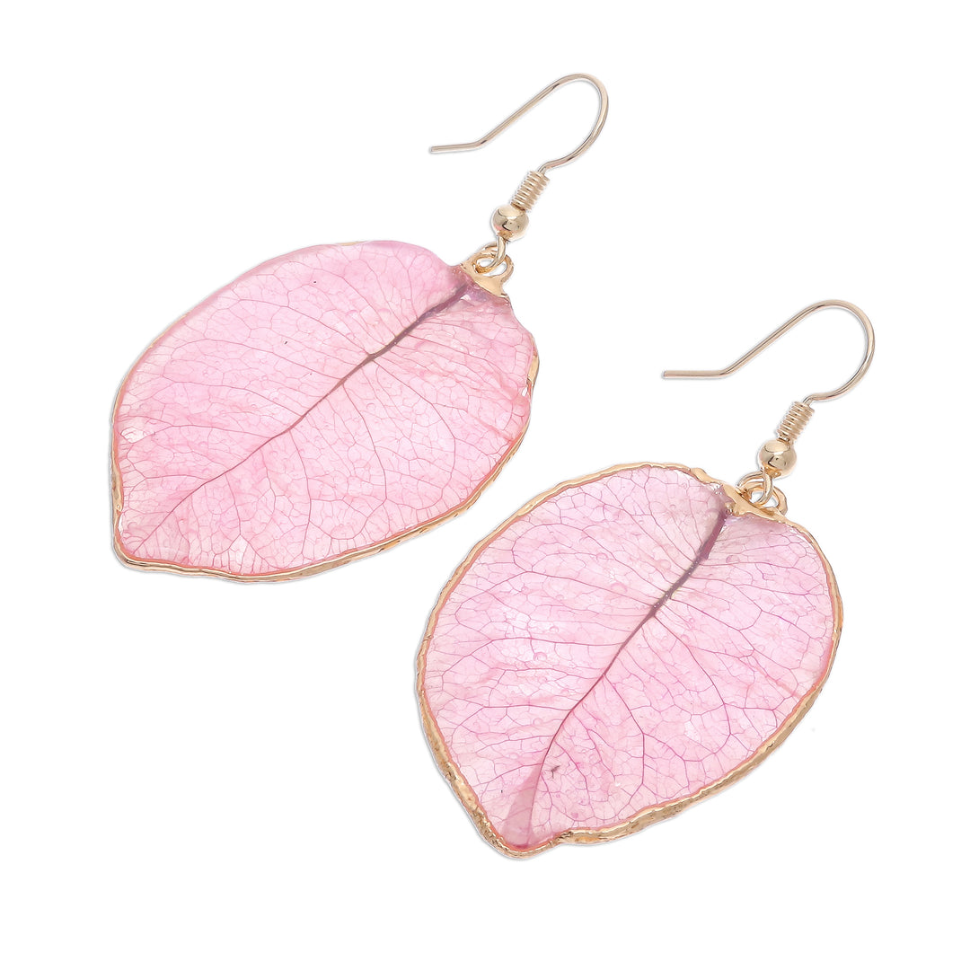 Gold Accented Natural Flower Dangle Earrings in Pink - Bougainvillea Love in Pink