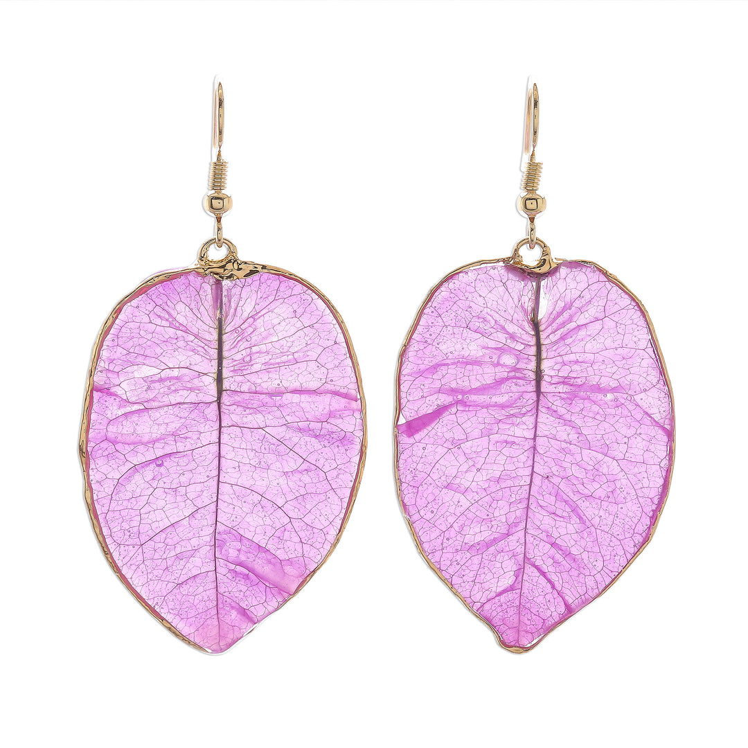 Gold Accented Natural Flower Dangle Earrings in Purple - Bougainvillea Love in Purple