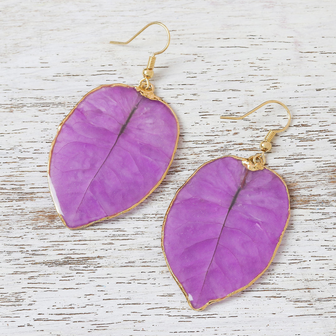 Gold Accented Natural Flower Dangle Earrings in Purple - Bougainvillea Love in Purple