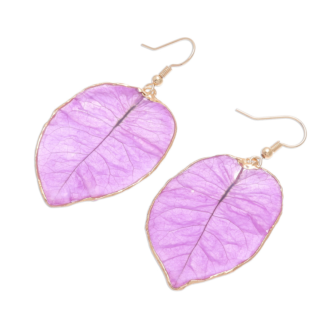 Gold Accented Natural Flower Dangle Earrings in Purple - Bougainvillea Love in Purple