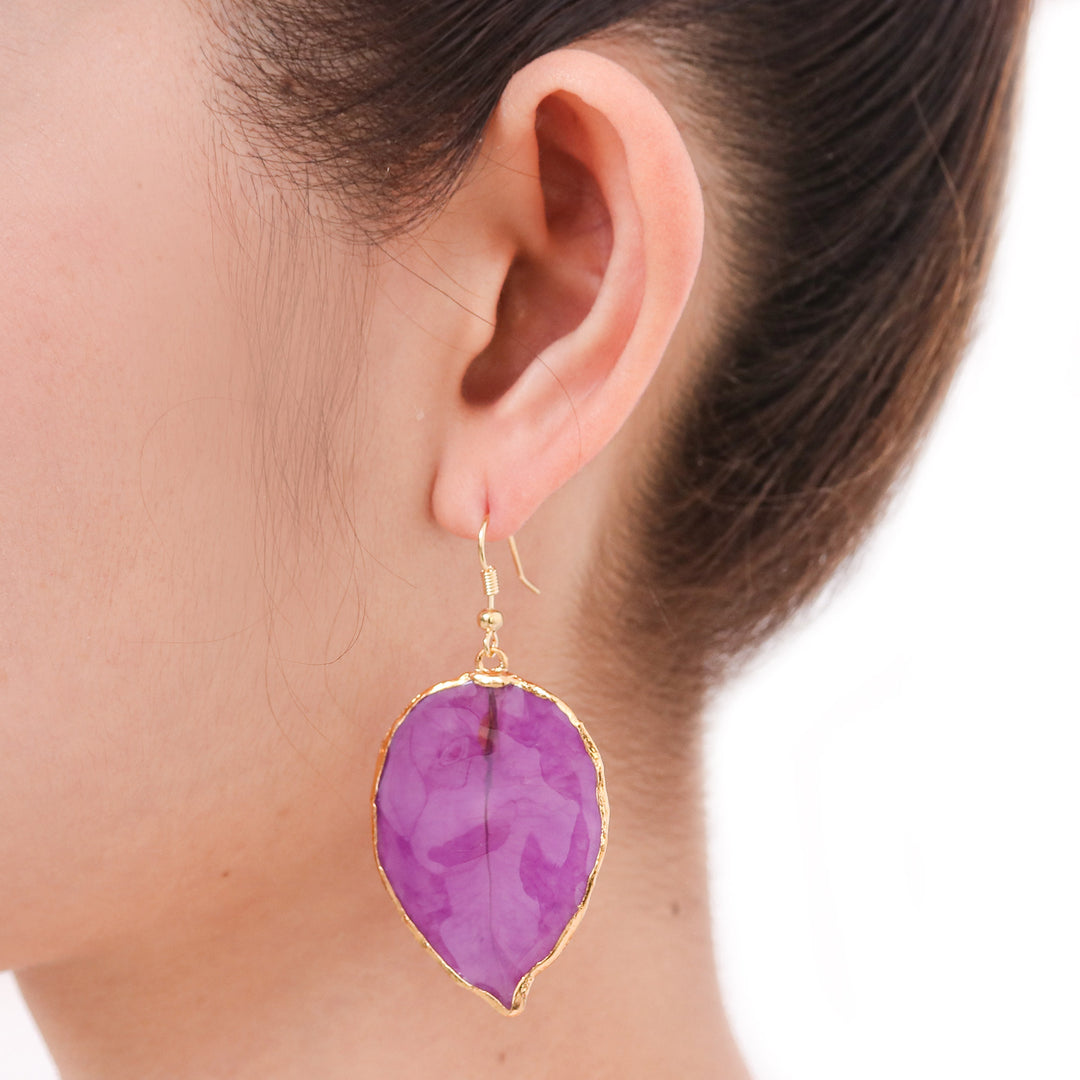 Gold Accented Natural Flower Dangle Earrings in Purple - Bougainvillea Love in Purple