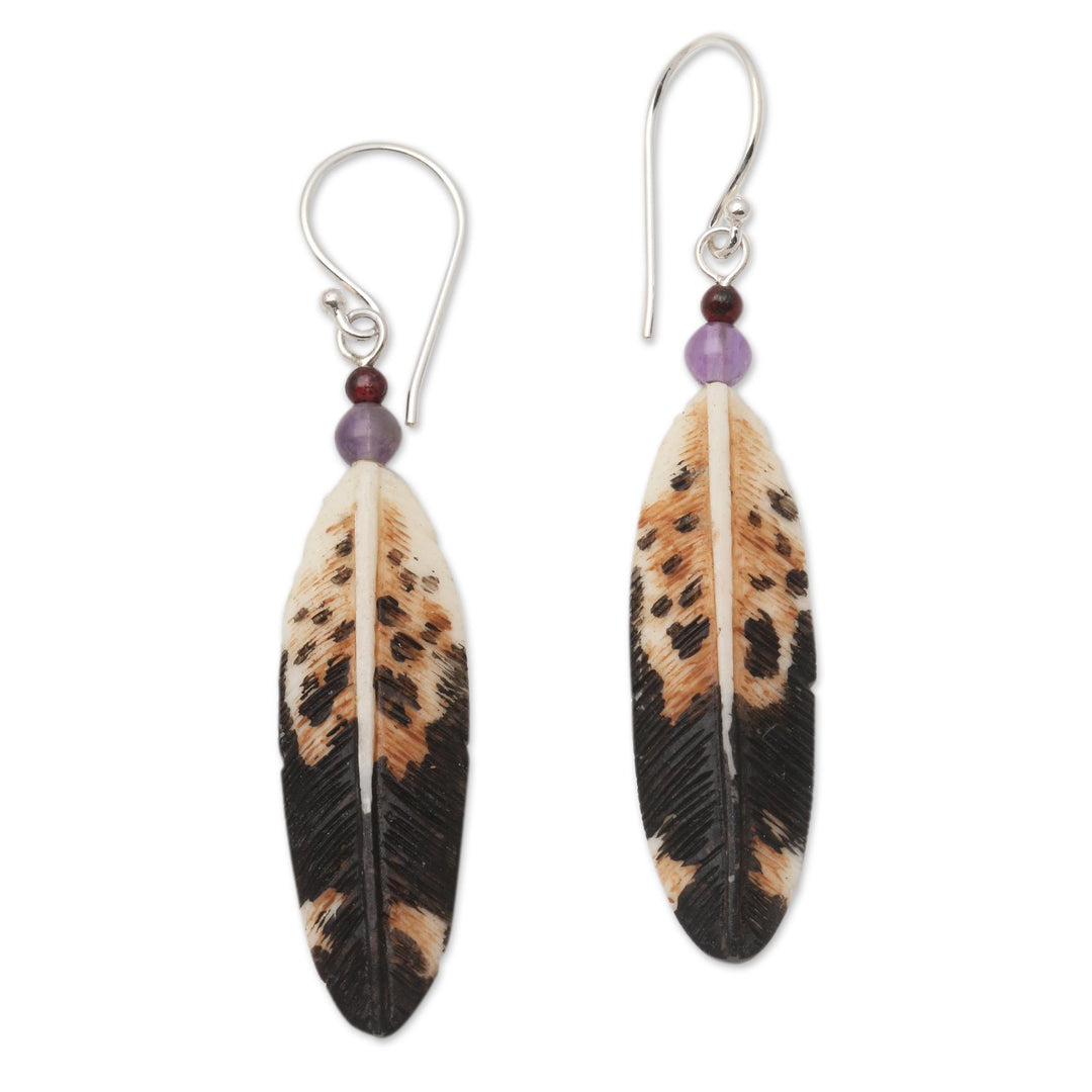 Feather-Shaped Dangle Earrings with Amethyst from Bali - Fascinating Feathers