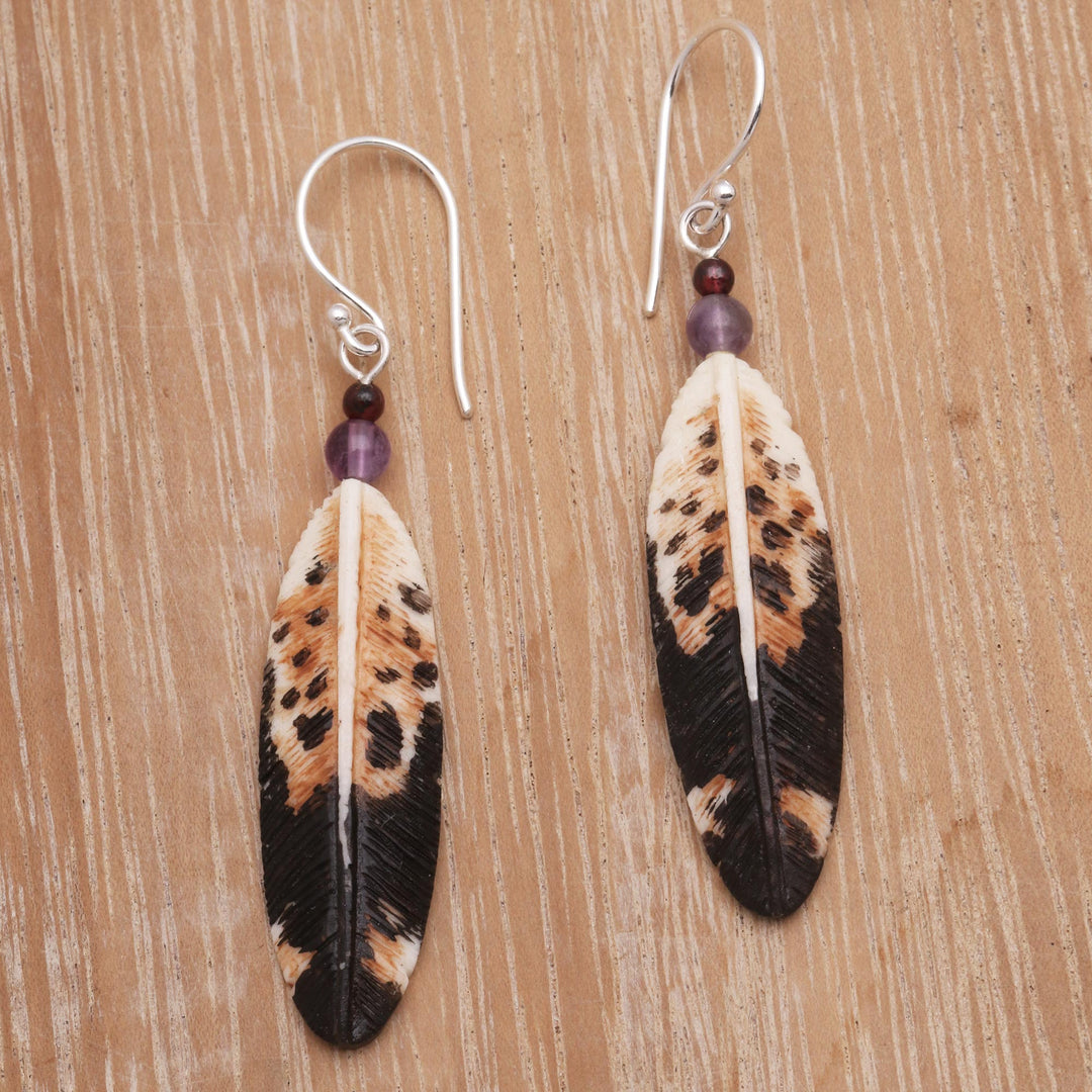Feather-Shaped Dangle Earrings with Amethyst from Bali - Fascinating Feathers