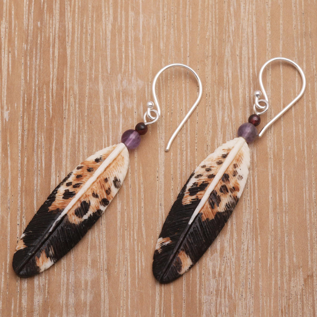 Feather-Shaped Dangle Earrings with Amethyst from Bali - Fascinating Feathers