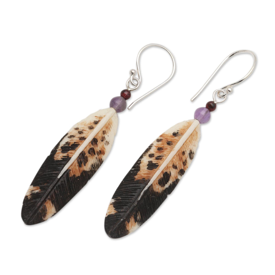 Feather-Shaped Dangle Earrings with Amethyst from Bali - Fascinating Feathers