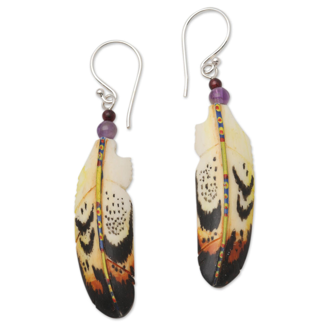 Hand-Carved Feather Dangle Earrings with Amethyst - Delightful Feathers