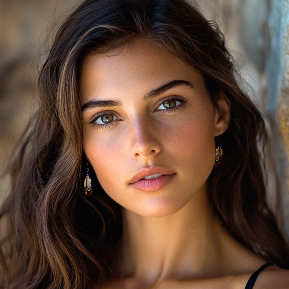 Hand-Carved Feather Dangle Earrings with Amethyst - Delightful Feathers