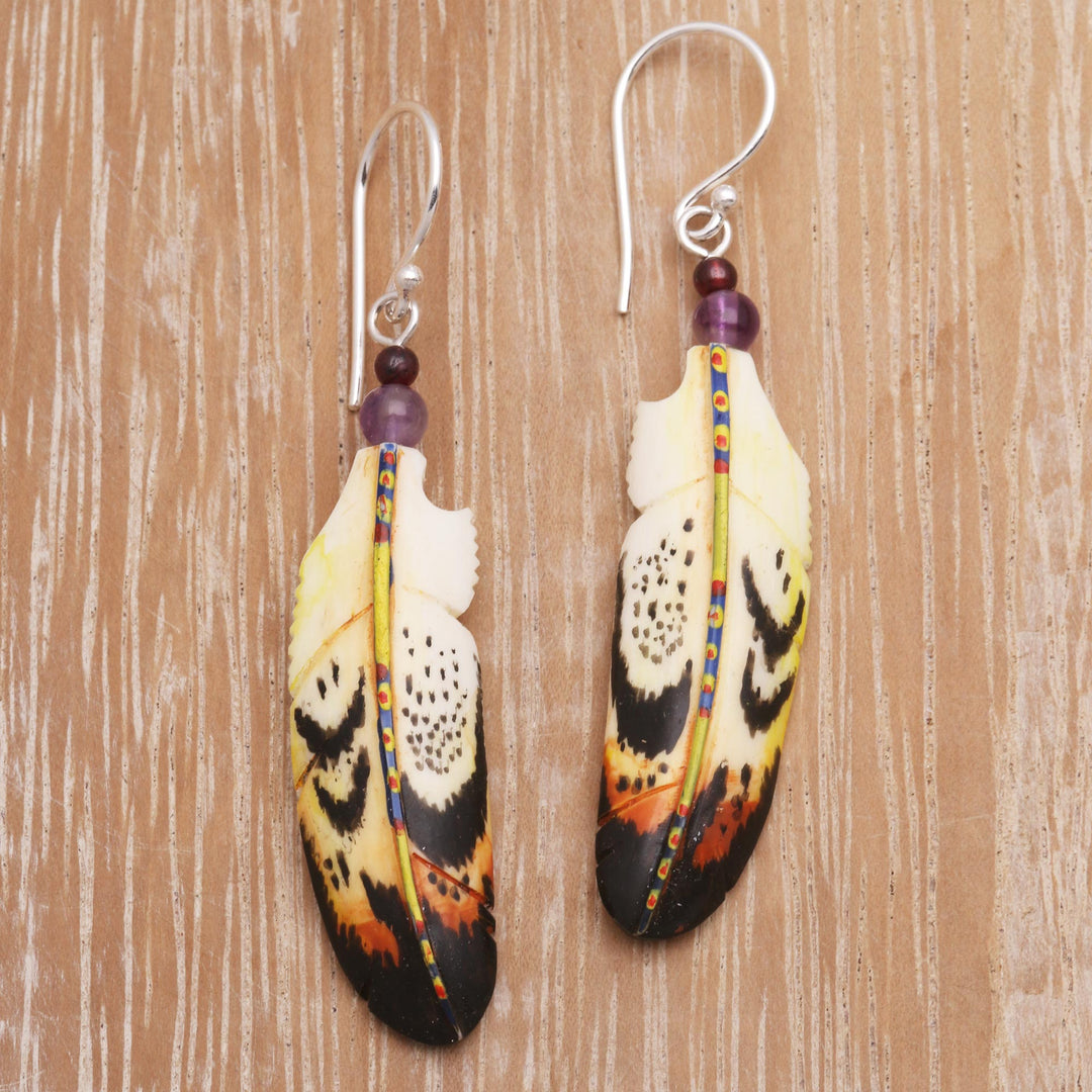 Hand-Carved Feather Dangle Earrings with Amethyst - Delightful Feathers