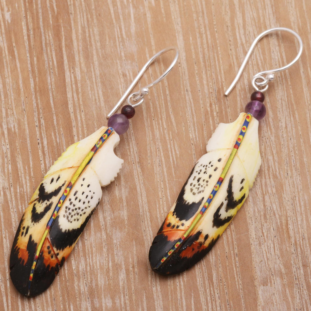 Hand-Carved Feather Dangle Earrings with Amethyst - Delightful Feathers