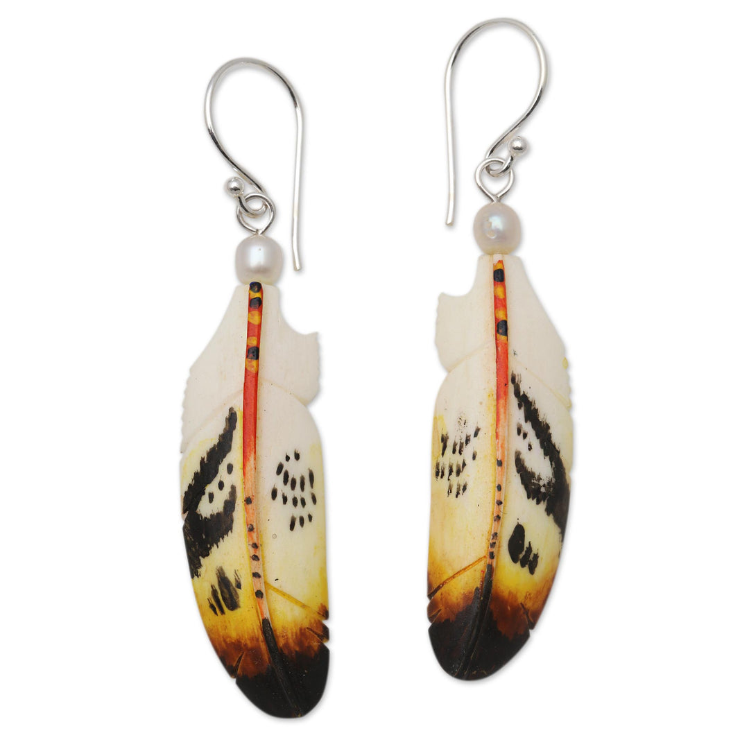 Cultured Pearl Feather Dangle Earrings from Bali - Stunning Feathers