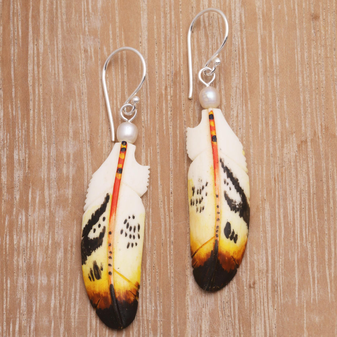 Cultured Pearl Feather Dangle Earrings from Bali - Stunning Feathers